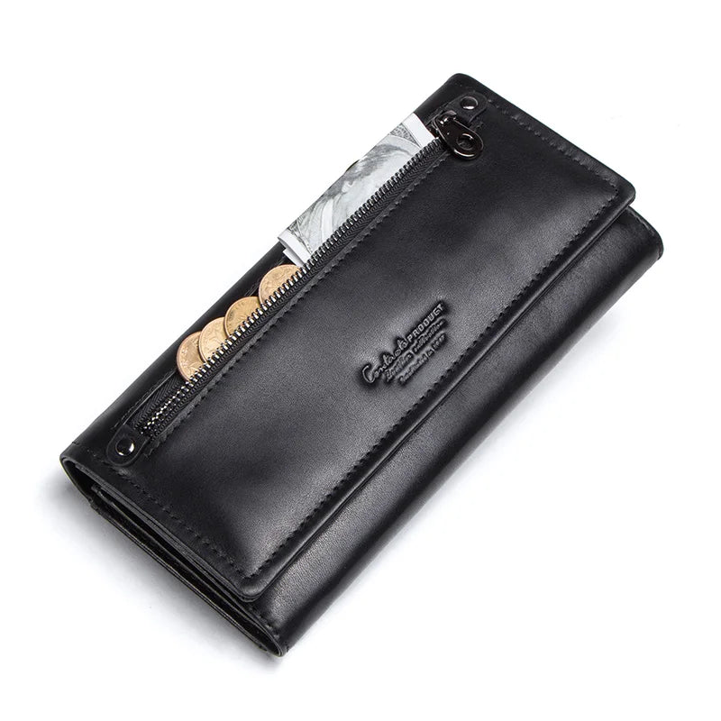 Contact's HOT Genuine Leather Wallet Women's Card Holder Long Style Black