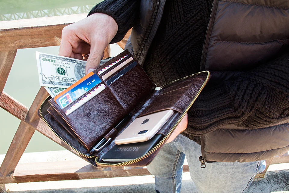 Genuine Leather Men's Clutch Wallet Card & Passport Holder 6.5" Phone Case