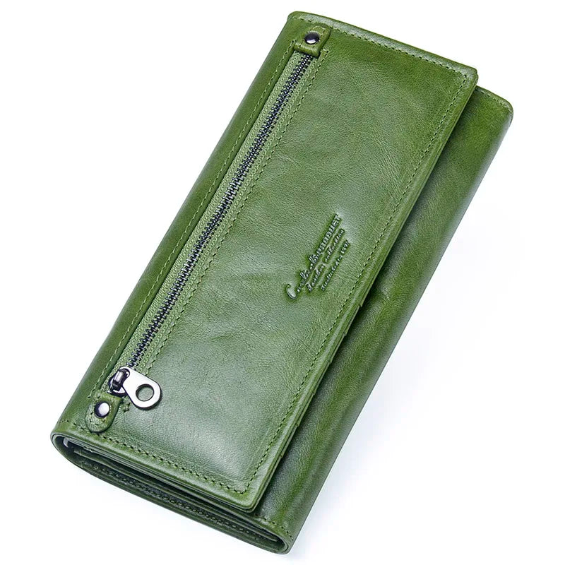 Contact's HOT Genuine Leather Wallet Women's Card Holder Long Style Green