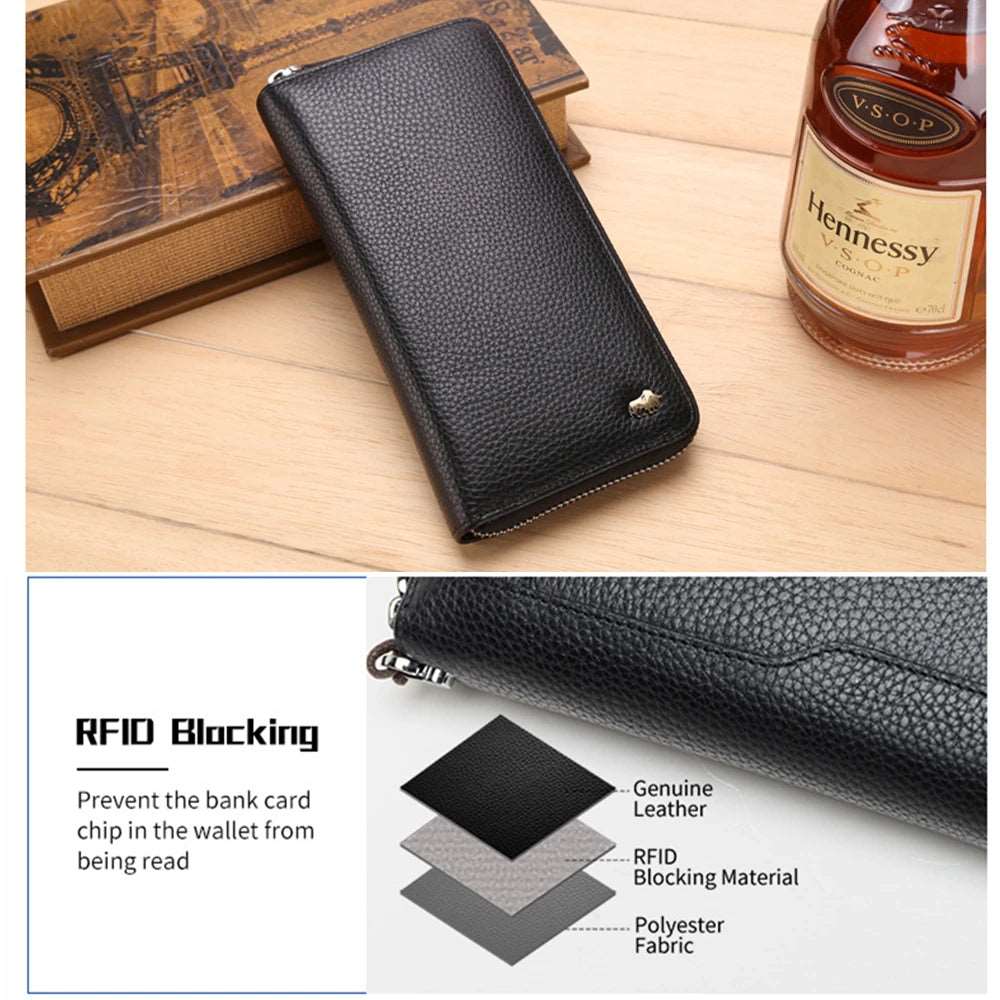 BISON DENIM Brand Genuine Leather Wallet RFID Blocking Clutch