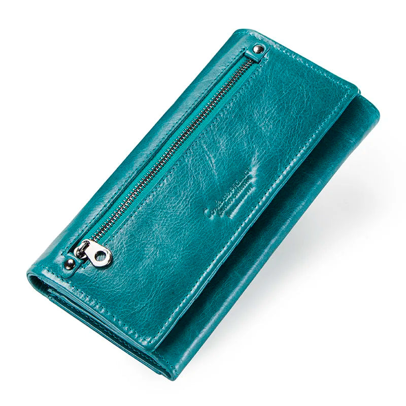 Contact's HOT Genuine Leather Wallet Women's Card Holder Long Style Blue