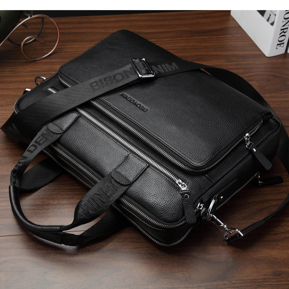 BISON DENIM Men Bag Genuine Leather Work Briefcases 14" Laptop Bag
