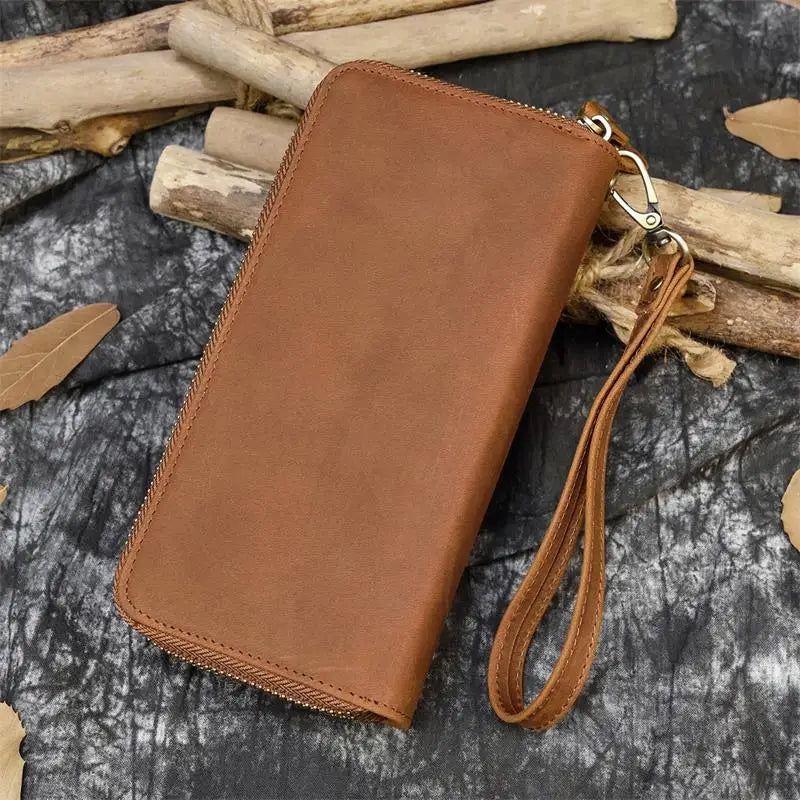 Vintage Genuine leather Men Clutch Wallet Credit Card Inner Zip Long Wallets Bifold Crazy Horse Long Wallet Male Phone Purse