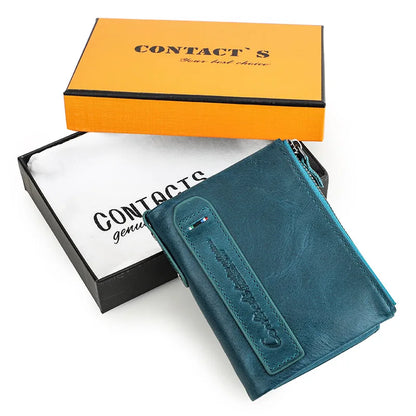 CONTACT'S HOT Genuine Crazy Horse Cowhide Leather Men's Wallet RFID blocking Blue box