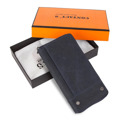 CONTACT'S RFID Men's Genuine Leather Wallet Long with Phone Pocket Card Holder Blue Box