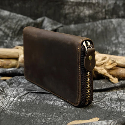 Vintage Genuine leather Men Clutch Wallet Credit Card Inner Zip Long Wallets Bifold Crazy Horse Long Wallet Male Phone Purse Single zipper-dark