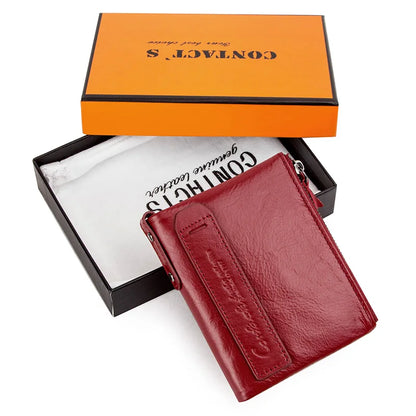 CONTACT'S HOT Genuine Crazy Horse Cowhide Leather Men's Wallet RFID blocking Red box