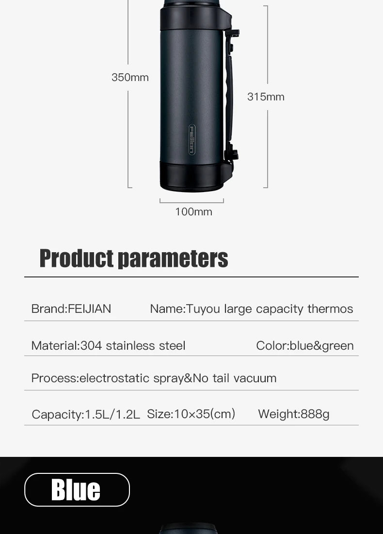 FEIJIAN Large Capacity Thermos, Travel Portable Thermos bottle 1200-1500ML