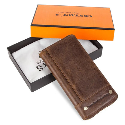 CONTACT'S RFID Men's Genuine Leather Wallet Long with Phone Pocket Card Holder Coffee Box