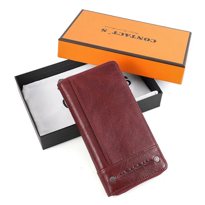 CONTACT'S RFID Men's Genuine Leather Wallet Long with Phone Pocket Card Holder Red Box