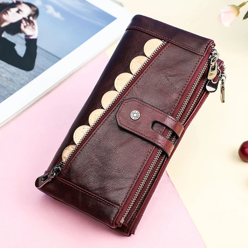 Contact's Women's Fashion Genuine Leather Wallet Card Holder Long Phone Pocket