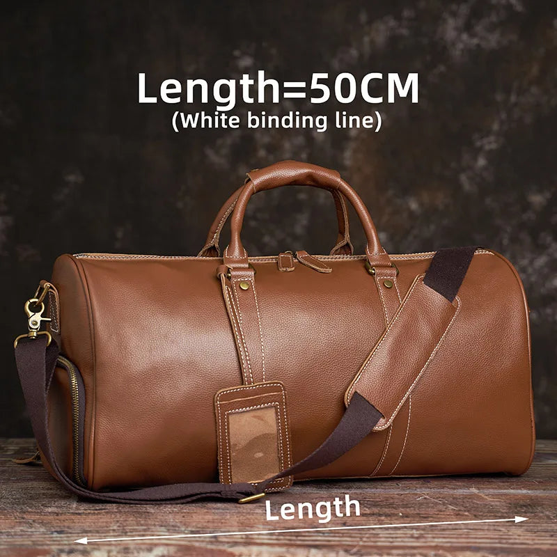 Men's Travel Bag Genuine Leather Hand Luggage NUPUGOO Brown(white-50cm)