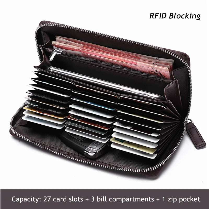 BISON DENIM Genuine Leather Men's Wallet RFID Blocking Long