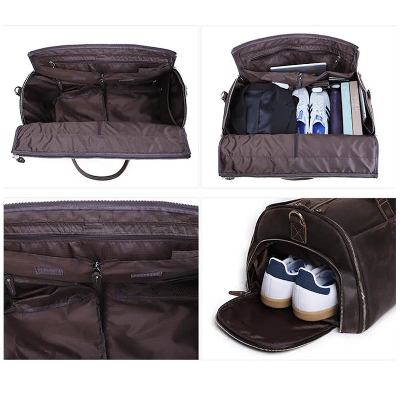 Crazy Horse Leather Folding Suit Bag Business Travel Bag With Shoe Pocket Clothes Cover