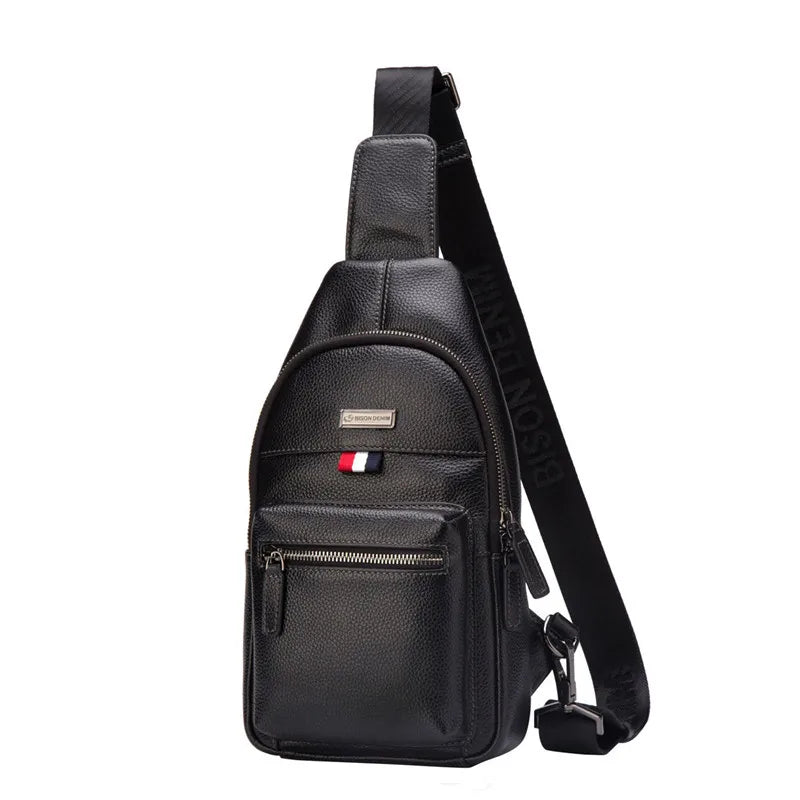 BISON DENIM Fashion Genuine Leather Messenger Bag Men Chest Bag Crossbody Shoulder Bag Male Casual Sling Chest Pack N2666 N2666 black