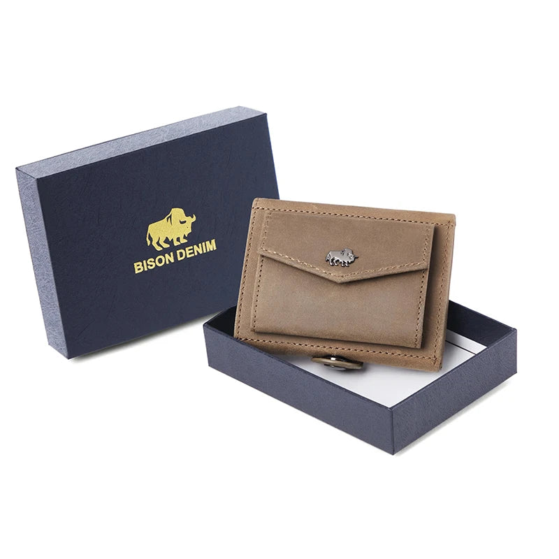 BISON DENIM Men Genuine Leather Short Slim Wallet With RFID Blocking Brown and boxes