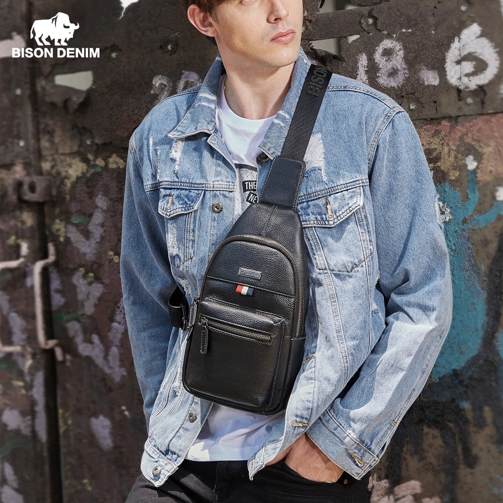 BISON DENIM Fashion Genuine Leather Messenger Bag Men Chest Bag Crossbody Shoulder Bag Male Casual Sling Chest Pack N2666