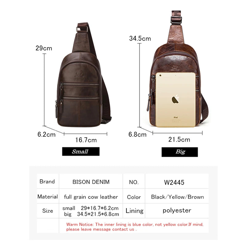 BISON DENIM Men's Genuine Leather Chest Bags Men Multifunctional Shoulder Messenger Bags Male Sling Pack Crossbody Bag W2445