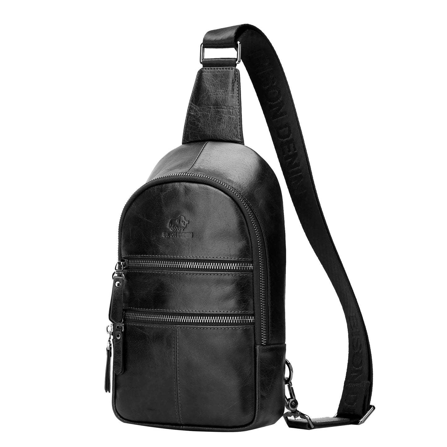 BISON DENIM Men's Genuine Leather Chest Bags Men Multifunctional Shoulder Messenger Bags Male Sling Pack Crossbody Bag W2445 black-small