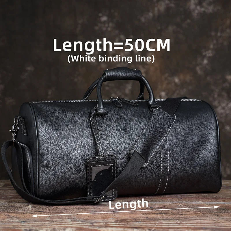 Men's Travel Bag Genuine Leather Hand Luggage NUPUGOO Black(white-50cm)
