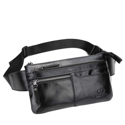BISON DENIM Leather Waist Bag Cell Phone Bags Men Women Travel Bag Retro Chest Purse Lightweight Casual Shoulder Bag Black