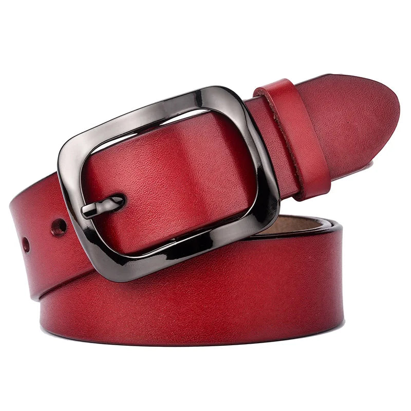 VATLTY 3.2cm Genuine Leather Belt for Women Natural Cowhide Metal Buckle Red