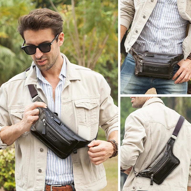 CONTACT'S Genuine Leather Men's Waist Pack Casual Cell Phone Crossbody Bag