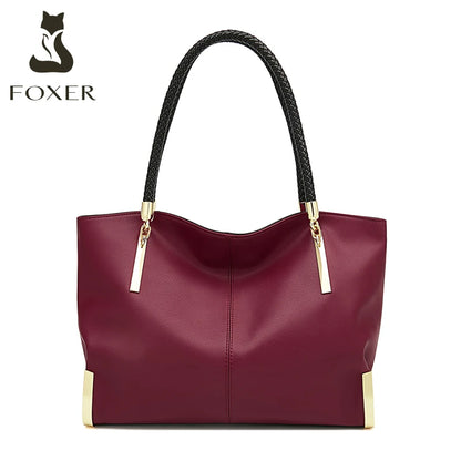 FOXER Brand Genuine Leather Handbag Women Original Cowhide Red wine