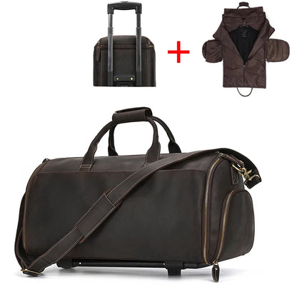 Crazy Horse Leather Folding Suit Bag Business Travel Bag With Shoe Pocket Clothes Cover Dark-Trolley Bag