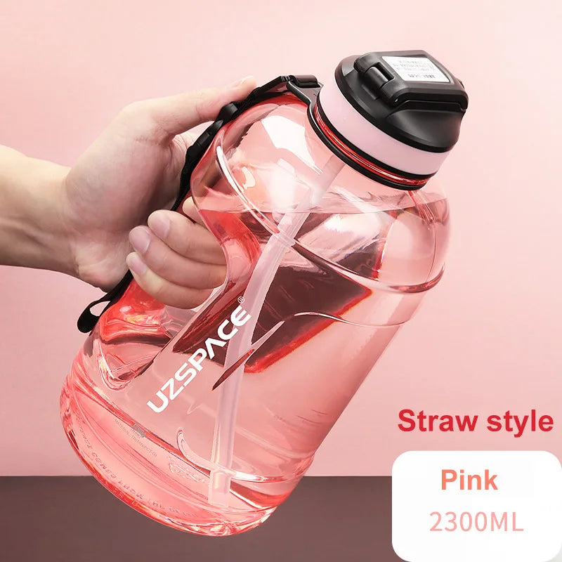 UZSPACE 2.3L 2000ML Water Bottle with Straw Clear Large-capacity Straw Pink