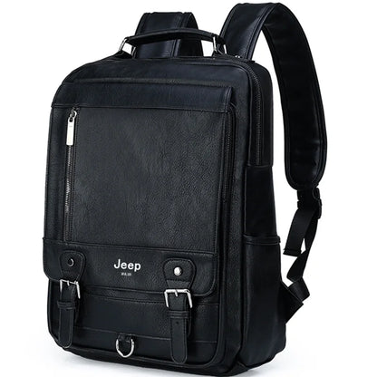 JEEP BULUO Fashion Leather Men Backpack Business 15.6" Laptop Black