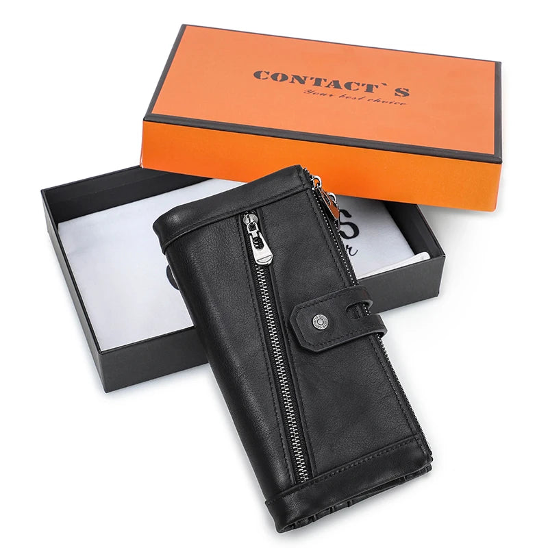 Contact's Women's Fashion Genuine Leather Wallet Card Holder Long Phone Pocket Black box