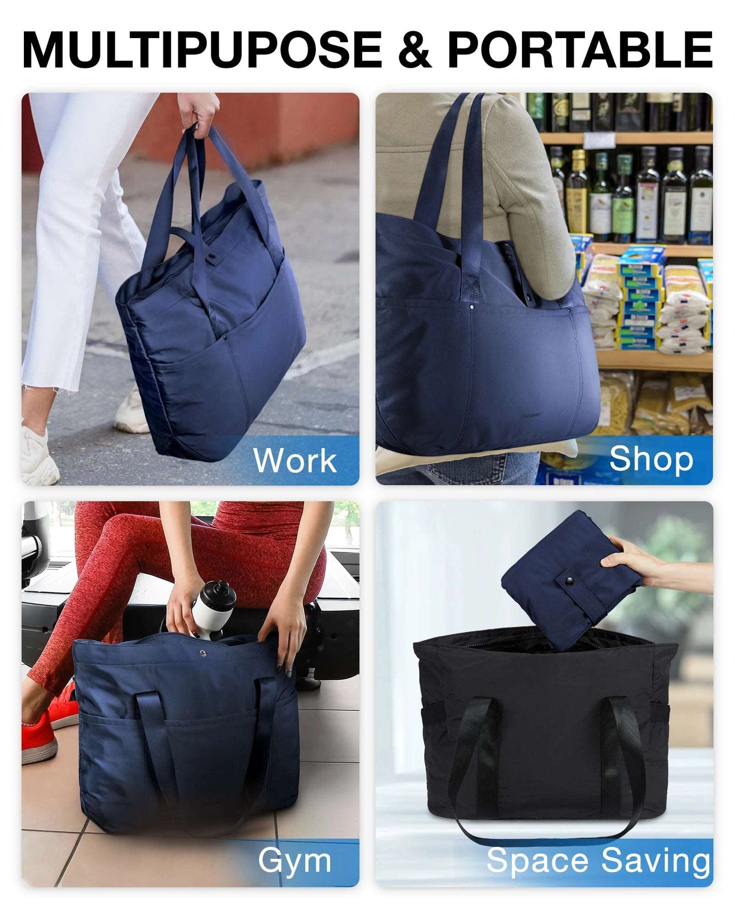BAGSMART Tote Bag 20L Waterproof Folding Travel Bag With Zipper