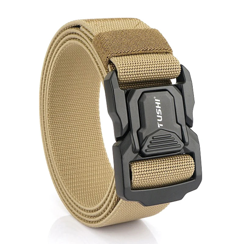 VATLTY Elastic Belt for Men/Unisex Aluminum Alloy Hiking Military Tactical Belt Khaki 125cm