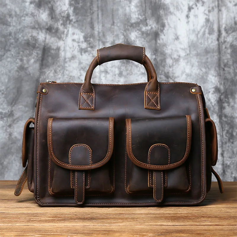 NZPJ Vintage Genuine Leather Men's Briefcase Crazy Horse Dark brown