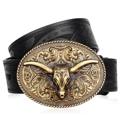 BISON DENIM Vintage Men's Belt Genuine Leather Cowhide Western Cowboy NK0057G DS050-1BM