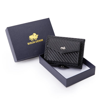 BISON DENIM Men Genuine Leather Short Slim Wallet With RFID Blocking Carbon Fiber boxes