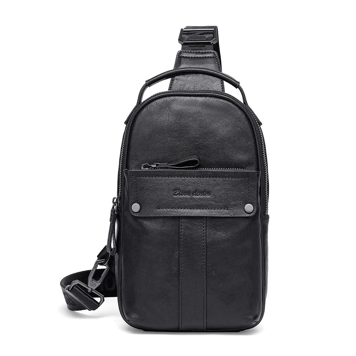BISON DENIM New Designer Cowhide Leather Chest Bag Vintage Fashion Crossbody Men's Business Bag Travel Casual Shoulder Bag N20261 Black