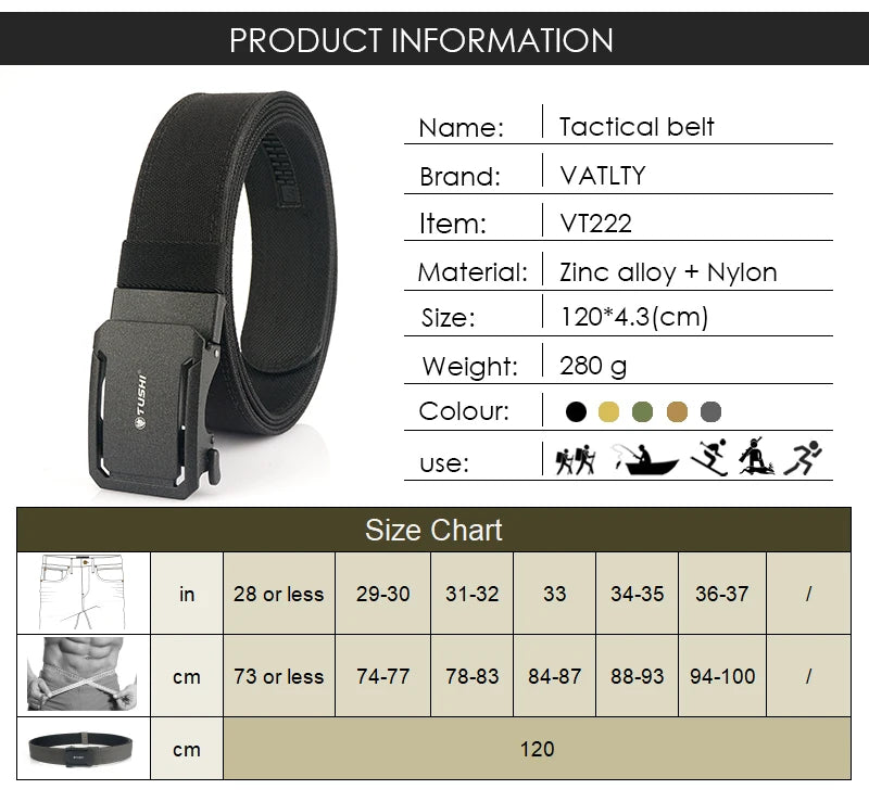 VATLTY 4.3cm Hard Tactical Belt 1100D Tight Nylon Alloy Automatic Buckle