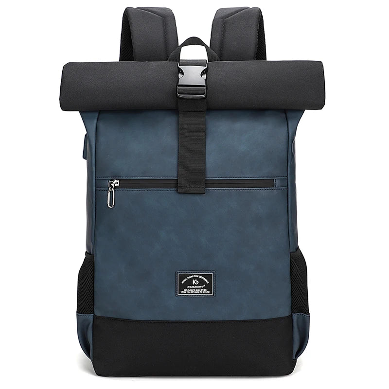 Waterproof usb Computer Backpack PU Leather Blue