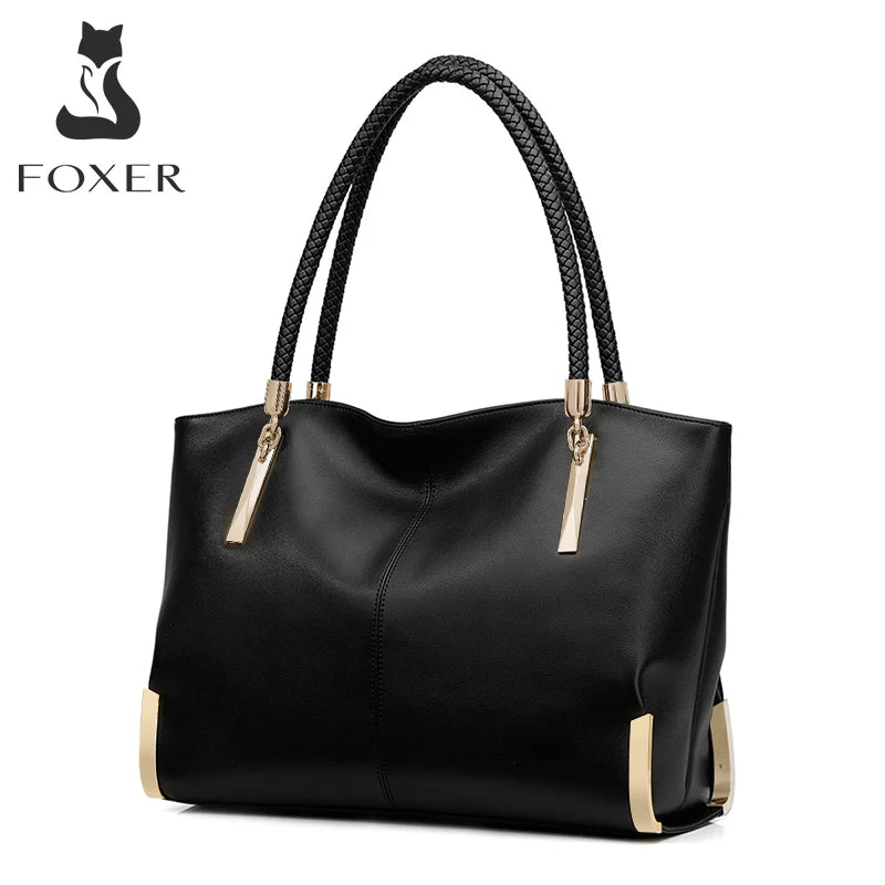 FOXER Brand Stylish Women Cowhide Leather Handbag Black