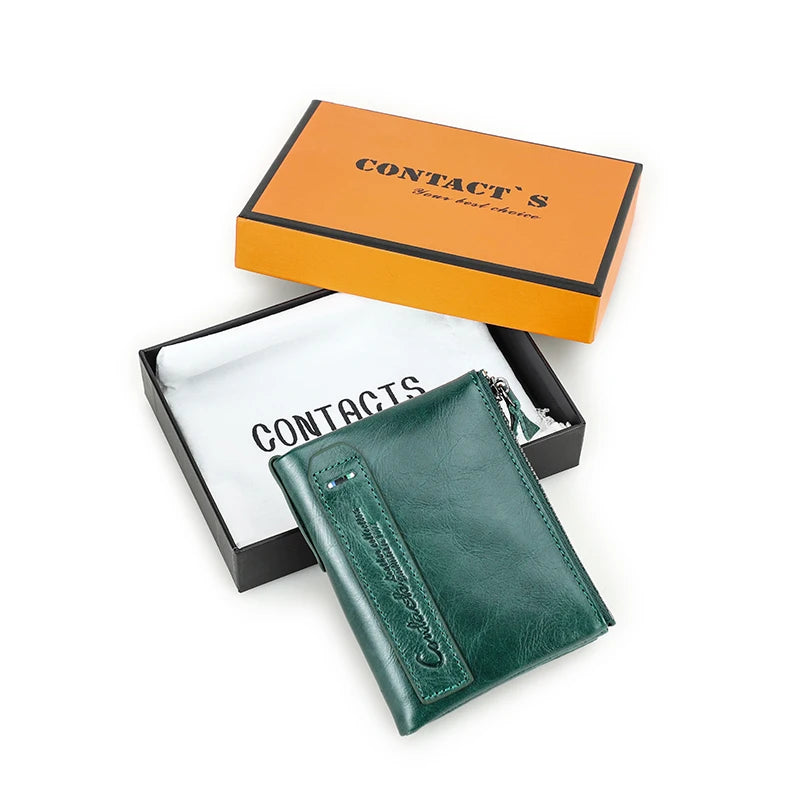CONTACT'S HOT Genuine Crazy Horse Cowhide Leather Men's Wallet RFID blocking Glass green box