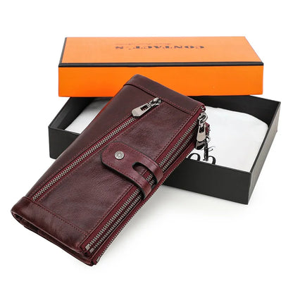 Contact's Women's Fashion Genuine Leather Wallet Card Holder Long Phone Pocket Wine box