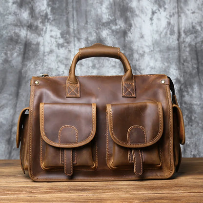 NZPJ Vintage Genuine Leather Men's Briefcase Crazy Horse Retro brown