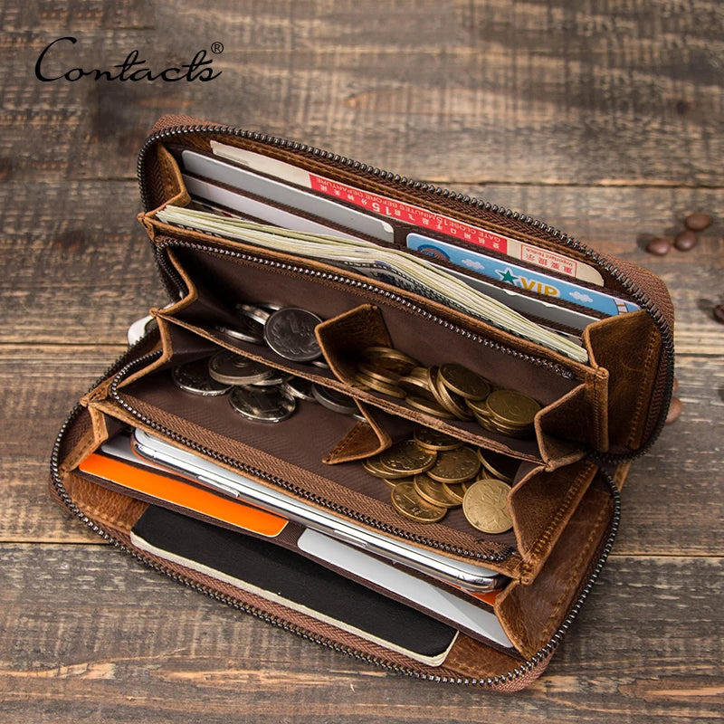 CONTACT'S RFID Men's Genuine Leather Wallet Long with Phone Pocket Card Holder