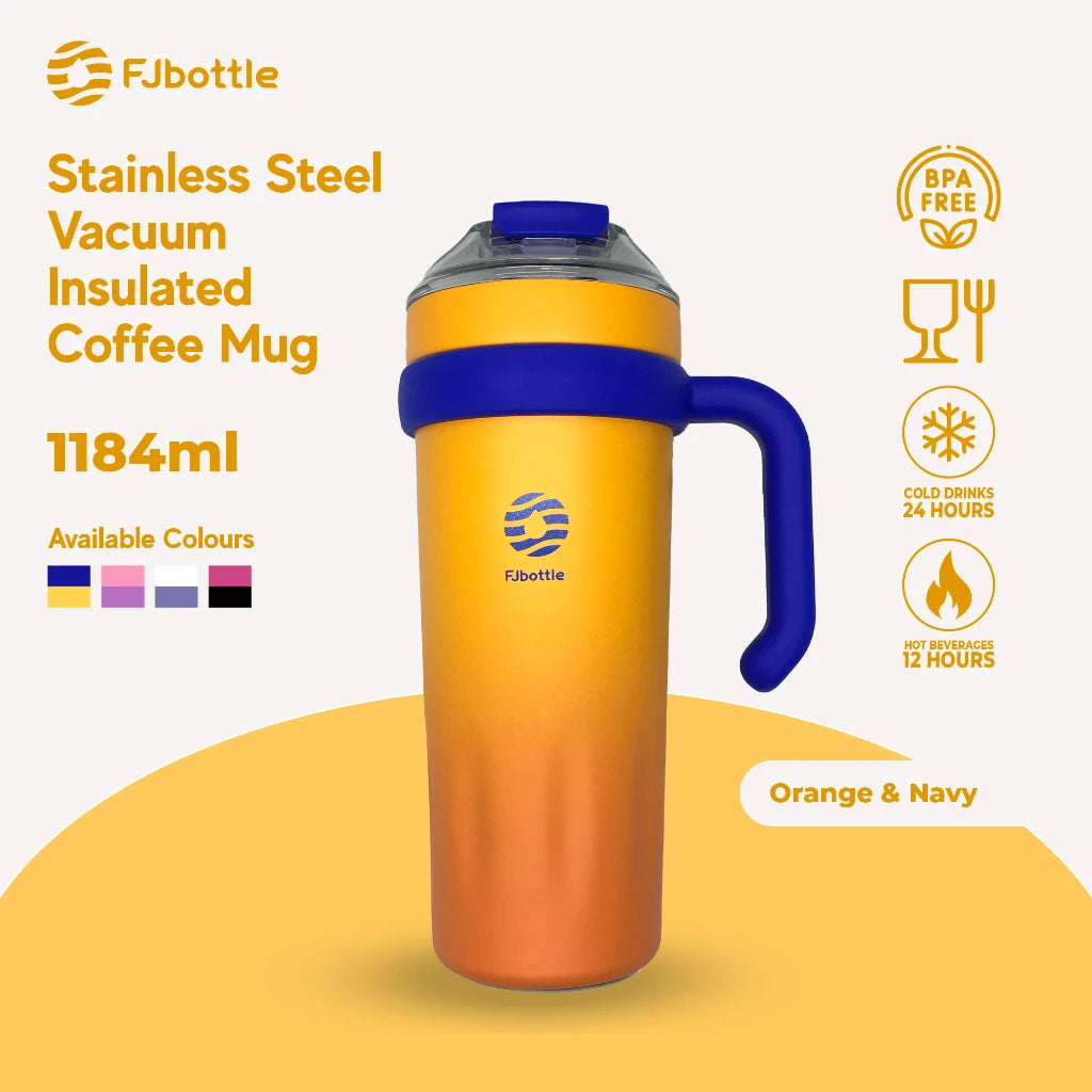 FEIJIAN Tumbler 40oz Insulated Thermal Coffee Cup with Handle Straw Lid Stainless Steel Orange gradient 1200ml
