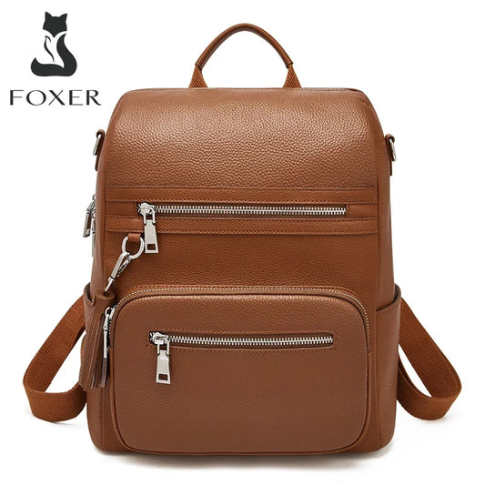 FOXER Leather Girl‘s School Bag Simple Leisure Large Capacity Backpack For Women Travel Bag High Quality Lady Soft Shoulder Bags