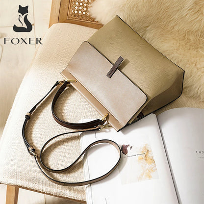 FOXER Split Leather Crossbody Shoulder Bag Office Handbag Beige