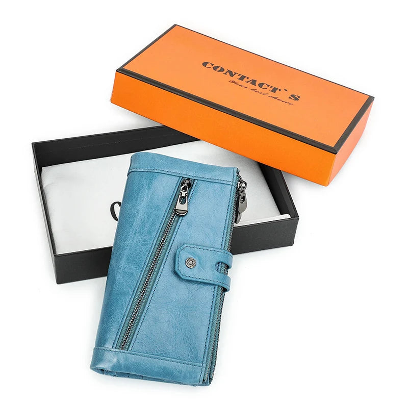 Contact's Women's Fashion Genuine Leather Wallet Card Holder Long Phone Pocket Blue box