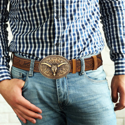 BISON DENIM Vintage Men's Belt Genuine Leather Cowhide Western Cowboy
